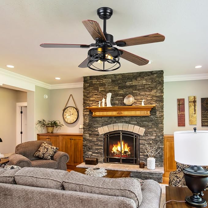 Hounberi 42 Inch Farmhouse Ceiling Fan with Light, Rustic Caged Ceiling Fans with Lights and Remote, Dual Finish 5 Blades, 6 Speeds, Reversible DC Motor, Vintage Rustic Ceiling Fans for Living Room