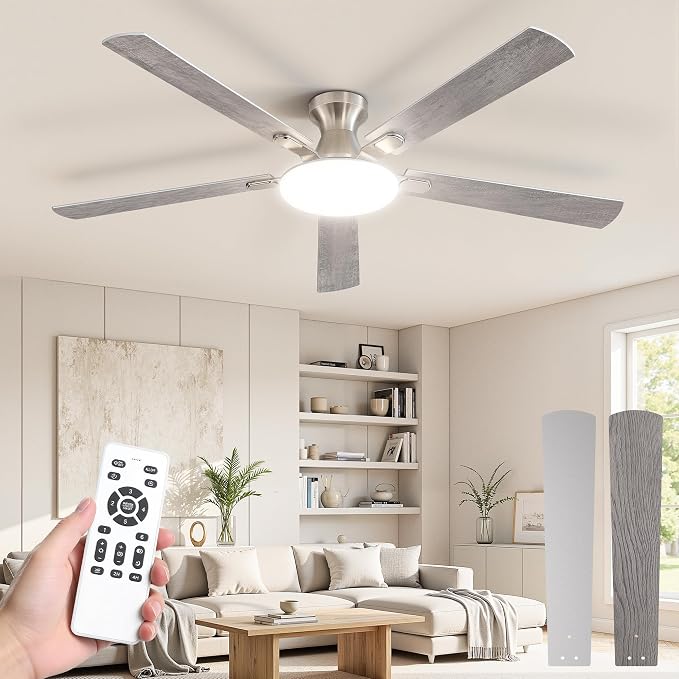 60 Inch Ceiling Fan with Lights and Remote, 30W 12" LED Panel Flush Mount Ceiling Fan, 6-Speed Quiet DC Motor Modern Low Profile Ceiling Fan with Reversible Blades for Bedroom, Living Room, Patio