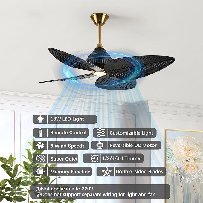 52" Tropical Ceiling Fans with Lights, Indoor Palm Leaf Ceiling Fan with Light and Remote for Living Room Bedroom, ABS Blades, Dimmable LED Lights, 6 Speeds, Adjustable Height-Black Gold