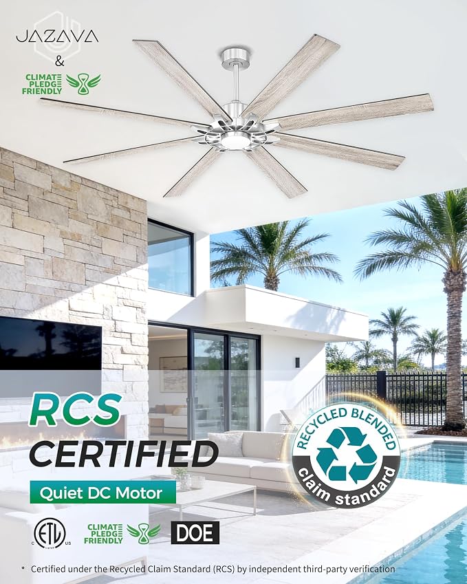 84 Inch Brushed Nickel Ceiling Fan, Smart Alexa Compatible Large Indoor Outdoor Fan for High Ceilings, Covered Patio & Garage, Dual Finish 8 Plywood Blades, ZCCF05BN-84