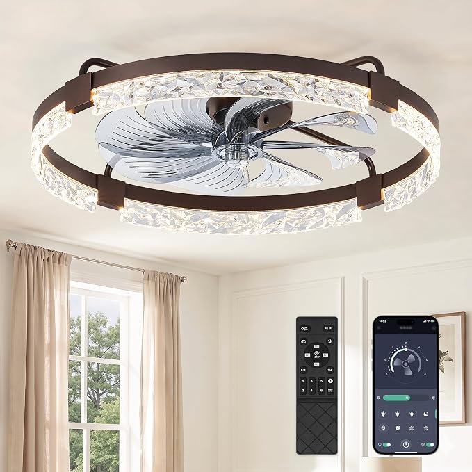 ZMISHIBO 24 Inch Flush Mount Ceiling Fan with Light, Bladeless | Low Profile Enclosed, 6 Speeds Reversible DC Motor, 3CCT Dimmable, Smart App Control, For Bedroom Kids Room