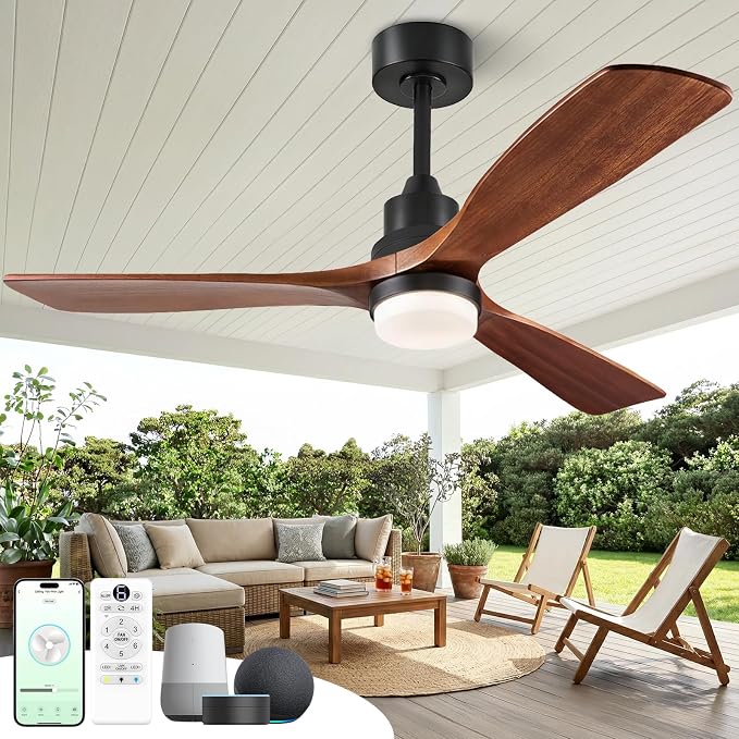 60 inch Smart Ceiling Fan with Lights,Outdoor Ceiling Fan 3 Wood Blades Compatible with Alexa/Gg Voice Control&App&Remote,Quiet DC Motor for Covered Patio Porch Bedroom,Dark Walnut