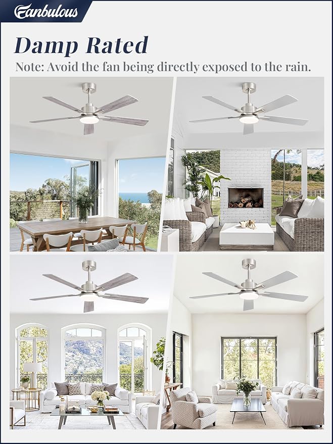 52 Inch Ceiling Fan with Light and Remote, 6 Speeds Reversible DC Motor Ceiling Fans for Bedroom Living Room Patio, 3CCT Dimmable LED, 5 Wood Blades, Downrod Mount, Sloped Ceiling Compatible