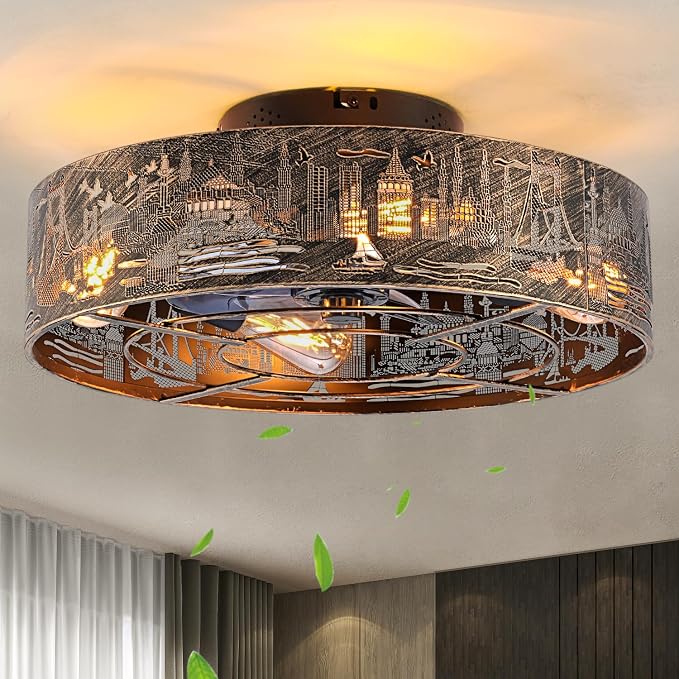 Caged Ceiling Fans with Lights Flush Mount,Low Profile Ceiling Fan with Remote,20 Inch Farmhouse Bronze Fan for Bedroom,6 Speeds Reversible Enclosed Fandalier Ceiling Fan with Bulb