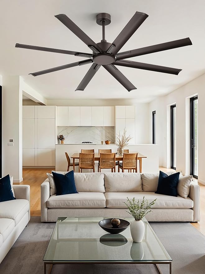 ZMISHIBO 65 Inch Industrial DC Motor Ceiling Fan, Large Ceiling Fan with 8 Reversible Blades, 3 Downrods, 6-Speed Remote Control, Home or Commercial Ceiling Fans for Porch/Garage/Shop, Oil-bronze