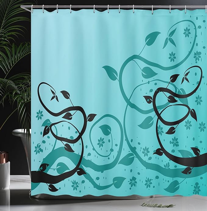Ambesonne Teal Shower Curtain, Abstract Floral Modern Illustration with Winding Tendrils Leaves Vinesd Flowers, Cloth Fabric Bathroom Decor Set with Hooks, 69" W x 70" L, Black Teal