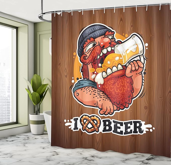 Ambesonne Manly Shower Curtain, Man Drinking Beer Beverage Glass Mustache Beard Enjoyment Rural, Cloth Fabric Bathroom Decor Set with Hooks, 69" W x 70" L, Pale Caramel