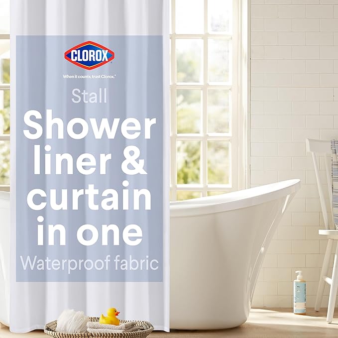 Clorox 2-in-1 Bathroom Shower Curtain Liner, Durable Fabric, Weighted Magnets for Bath Water Control, Washable Premium Quality, Extra Long Stall 78" x 54" White