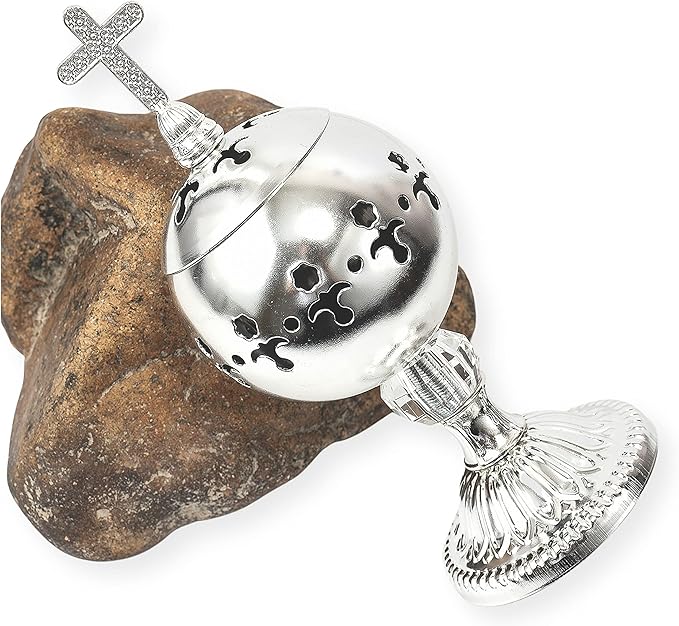 Nazareth Store Silver Charcoal Incense Burner Catholic Cross Censer Brass Plated Distiller for Church and Home