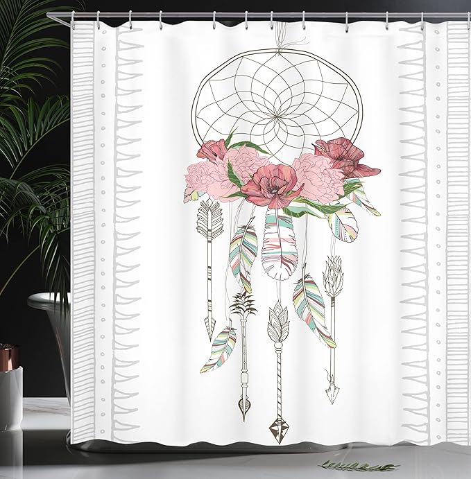 Ambesonne Bohemian Shower Curtain, Hand Drawn Illustration of a Dreamcatcher Boho Form Design Feathers Flowers, Cloth Fabric Bathroom Decor Set with Hooks, 69" W x 70" L, Pale Rose
