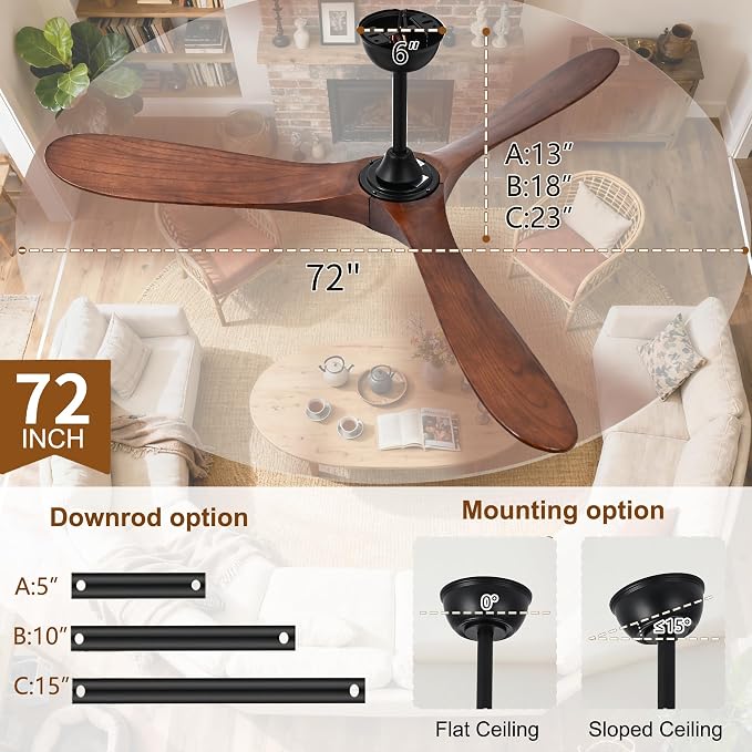 Ceiling Fans with Lights and Remote, Large Outdoor Ceiling Fan with Light Dimmable for Patios Living Room Bedroom Gazebo High CFM 3 Blade Propeller Indoor Damp Rated Fan (Walnut 72 Inch)