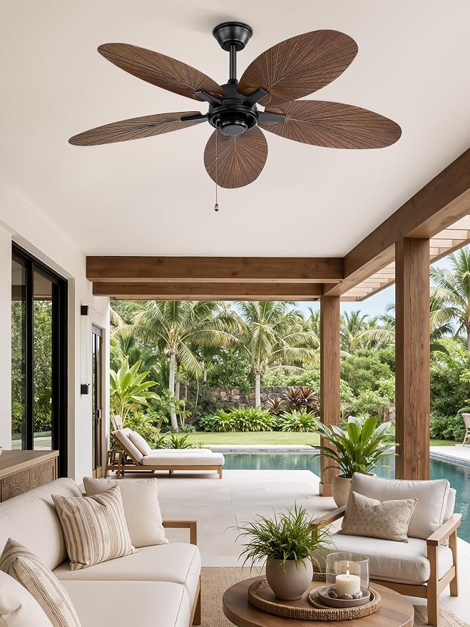 Fanbulous 52 Inch Ceiling Fan No Light, Remote & Pull Chain Tropical Fan With 6 Speeds, 3 Timers, DC Quiet Motor, 5 Palm Blade for Bedroom Living Room Covered Outdoor Patio Porch, Damp Rated, Brown