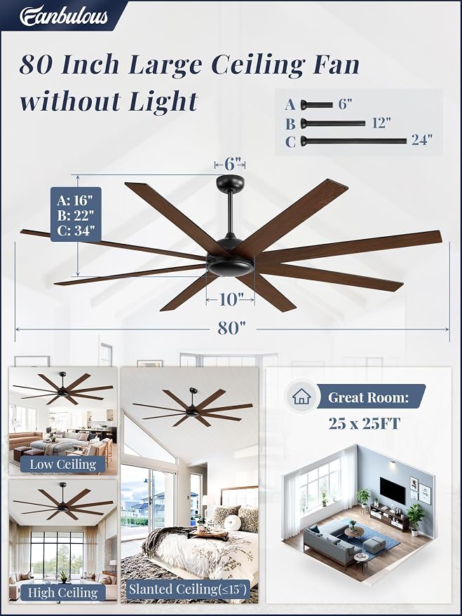 Fanbulous 80 Inch Ceiling Fan No Light with Remote. Large Industrial Ceiling Fans, 6-Speeds, Quiet Reversible DC Motor, 8 Blades, Indoor/Outdoor Ceiling Fan for Living Room, Garage, Patio