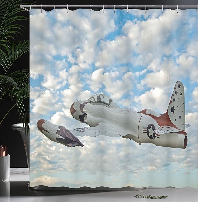 Ambesonne Airplane Shower Curtain, Vintage Plane in Mid-Air American Sky Aircraft Jet Transportation Themed Image, Cloth Fabric Bathroom Decor Set with Hooks, 69" W x 70" L, Blue Ivory