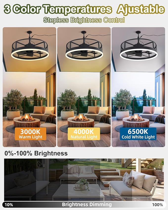 20'' Outdoor Ceiling Fan with Light, IP65 Waterproof Gazebo Hanging Fan, Remote Control, 3CCT, 6-Speed, Plug-in Caged Ceiling Fan for Patio Porch Pergola, Works with Alexa & Google Assistant