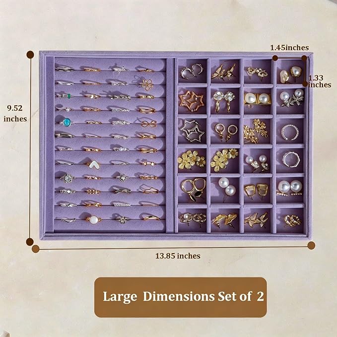 Large Velvet Jewelry Tray 2 Pack Stackable Jewelry Display Drawer Inserts Trays Organizer for Earring Bracelet Necklace Ring (Purple, Ring and 24 Grids)