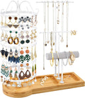 Jewelry Organizer Stand with Bamboo Base, Metal Rotating Earring Holder Organizer, Multi-Functional Adjustable Necklace Rack Holder Bracelet Watch Holder for Jewelry Earrings Ring