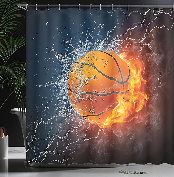 Ambesonne Sports Shower Curtain, Basketball Ball and Water Splashing Thunder Lightning Themed Design, Cloth Fabric Bathroom Decor Set with Hooks, 69" W x 84" L, Dark Blue and Burgundy