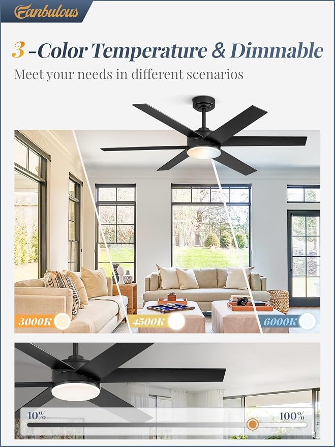 Fanbulous 52 Inch Ceiling Fans with Lights and Remote, Reversible 6 Blades, Dimmable, 3000K-6000K Adjustable, Outdoor Ceiling Fans for Patios, Large Ceiling Fan for Indoor or Covered Outdoor, Black