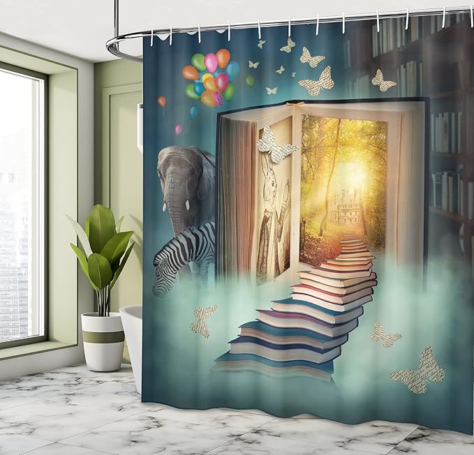 Ambesonne Fantasy Shower Curtain, Upstairs to Magic Book Forest Balloon Zebra Animal Butterflies, Cloth Fabric Bathroom Decor Set with Hooks, 69" W x 70" L, Teal and Yellow