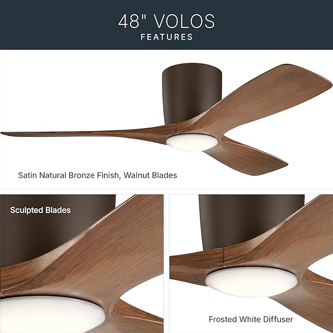 Kichler Volos 48” Indoor Ceiling Fan with LED Light and Wall Control in Satin Natural Bronze, Contemporary Ceiling Fan with Light, 300032SNB