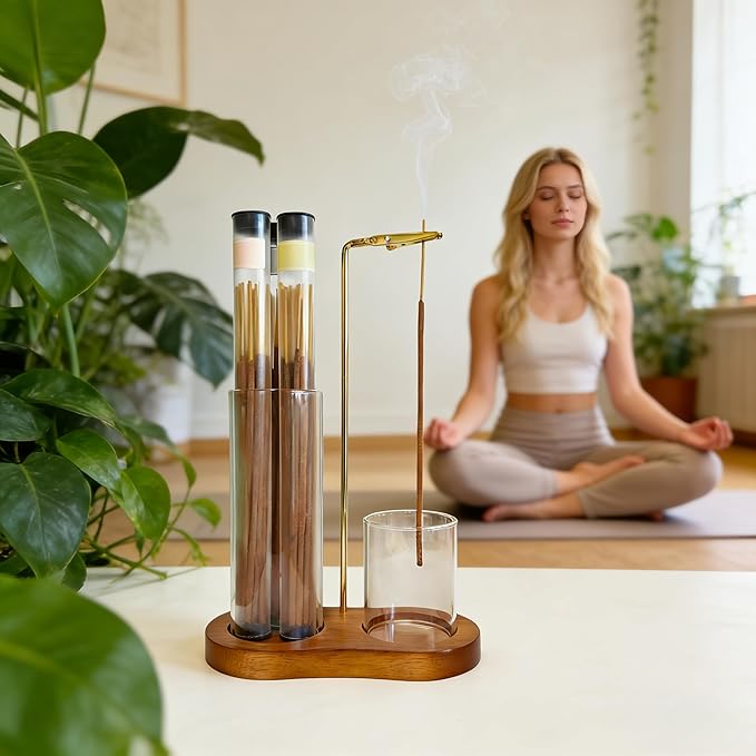 Glass Incense Holder, Incense Sticks Burner Holder with Storage,Hang Upside Down Incense Holder for Sticks with Glass Ash Catcher for Meditation Yoga Spa Room Decor (Retro Color)