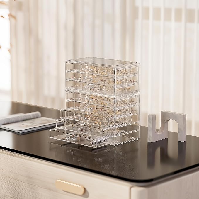 ProCase Acrylic Earrings Holder Organizer Box -Clear, 8 Layers | 133 Jewelry Storage Grid Large Clear Compartments Transparent Stackable Drawers Jewelry Display for Earring Ring Bracelet