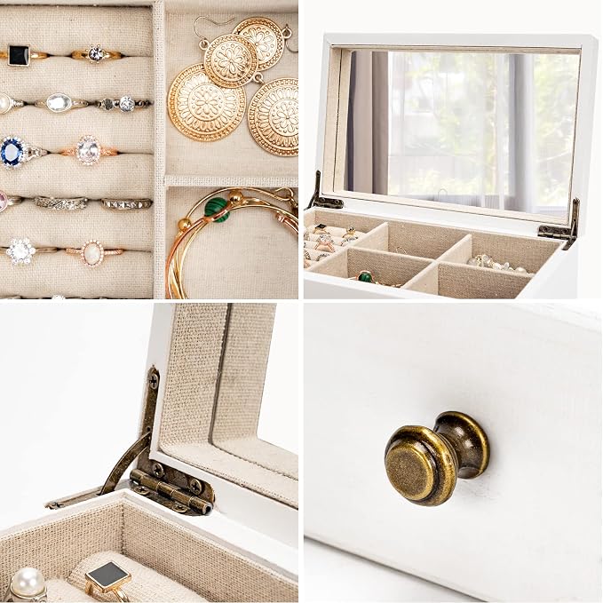 Meangood Jewelry Box Organizer for Women, 2 Layer Large Jewelry Storage Case, Rustic Wooden Jewelry Box with Mirror & Ring Tray for Necklace Earring Bracelets Rings, Vintage Style (White)
