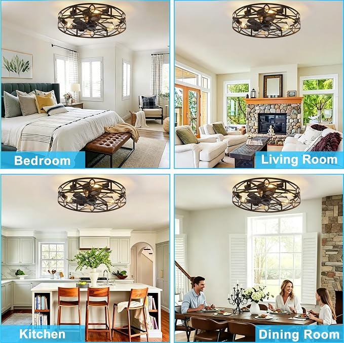 Depuley Flush Mount Ceiling Fan: 24" Caged Ceiling Fans with Remote Control for Patio Kitchen Bedroom - Low Profile Fandelier Lights Fixture Reversible 6 Speed Timer Black 6*E26 Bulb Not Included