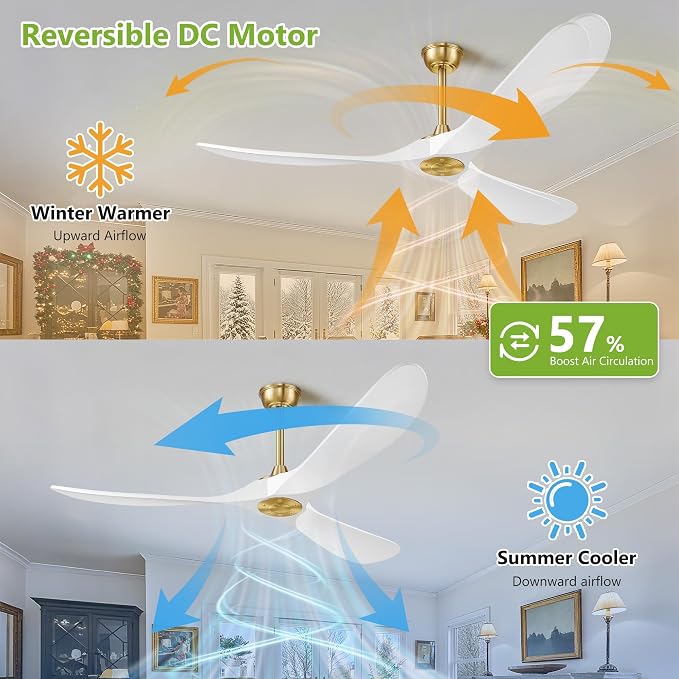 Haipeel 52 Inch Ceiling Fans Without Lights, Wood Ceiling Fan no Light with Remote Control and DC Motor, Indoor Outdoor Ceiling Fan Morden Living Room Bedroom 3 Blades Propeller, White Gold