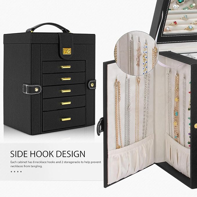 AKOZLIN 6-Tier Jewelry Box Organizer Functional 5 Drawers Leather Jewelry Storage Case for Women Girls Ring Necklace Earring Bracelet Holder Organizer with Mirror Black Regular