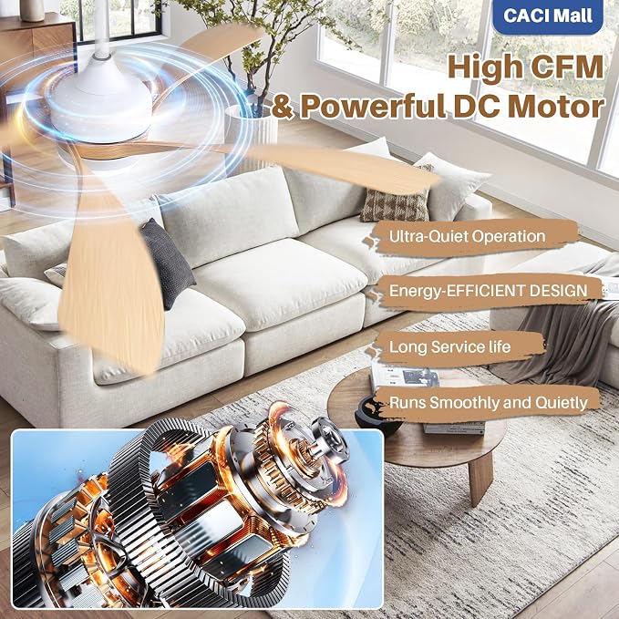 CACI Mall 52 inch Smart Ceiling Fan with Lights, Remote Control, Compatible with Alexa/Google/App, 5 Blades, Dimmable Lighting, Quiet, Indoor/Outdoor Ceiling Fans for Living Room, Bedroom, Patios