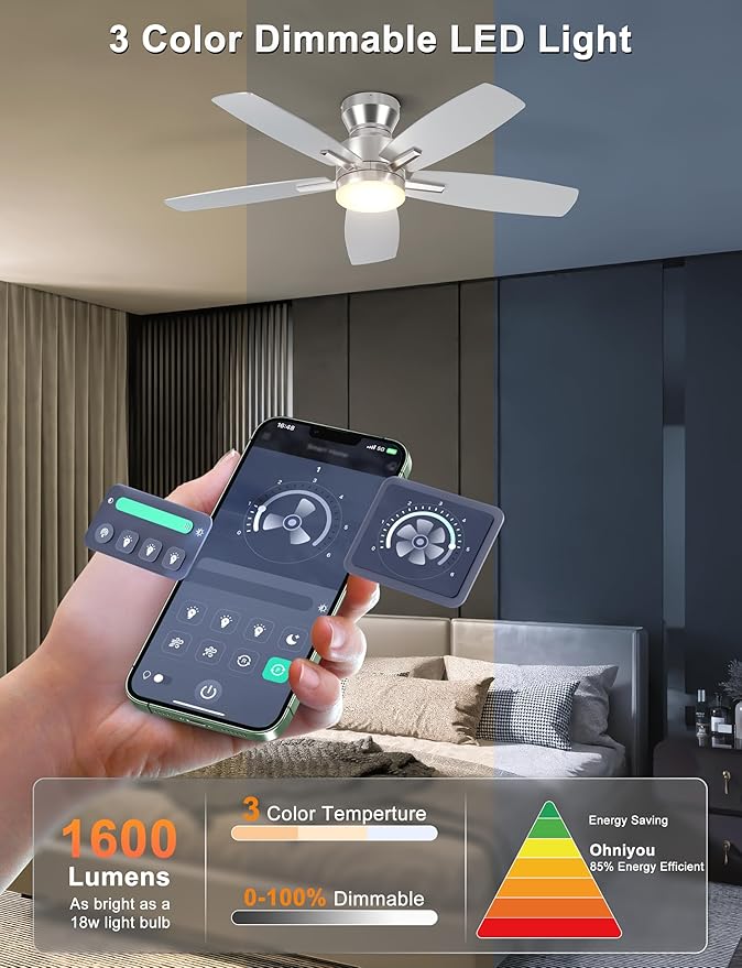 Ohniyou Ceiling Fans with Lights, 42'' Low Profile Ceiling Fan with Light and Remote/APP Control, Modern Flush Mount Ceiling Fan for Indoor Bedroom Kitchen, Dimmable, Quiet DC Motor, Silver