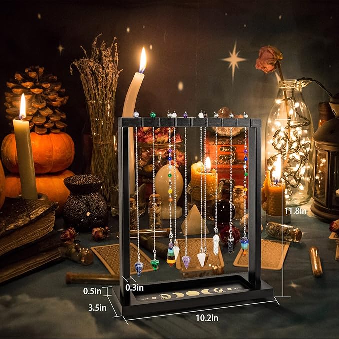 Black Pendulum Crystal Display Holder, Wood Witch Rock Stone Stand, Moon Phase Wiccan Supplies Incense Rack Shelf with Tray for Witchcraft Gift Organizer 15 Pendulum Necklaces