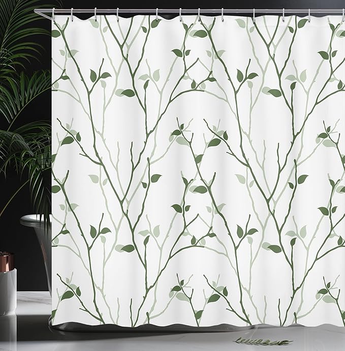 Ambesonne Leaf Shower Curtain, Branches in The Fall Trees Stem Twig Last Few Leafage Minimalistic Design Art, Cloth Fabric Bathroom Decor Set with Hooks, 69" W x 75" L, Reseda Green