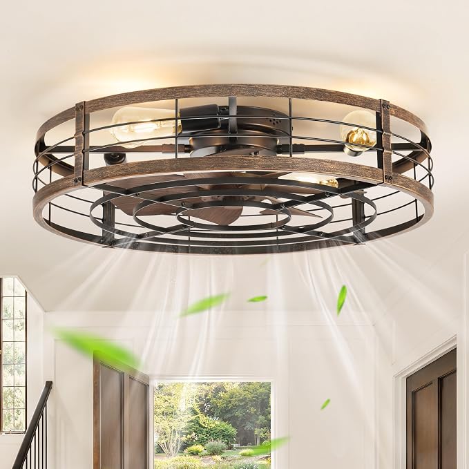 LEDIARY 26" Caged Ceiling Fan with Light and Remote, Low Profile Flush Mount Fandelier, Black Gold Bladeless Enclosed Small Fan Lights Ceiling Fixtures, Rustic Farmhouse Style for Bedroom, Outdoor