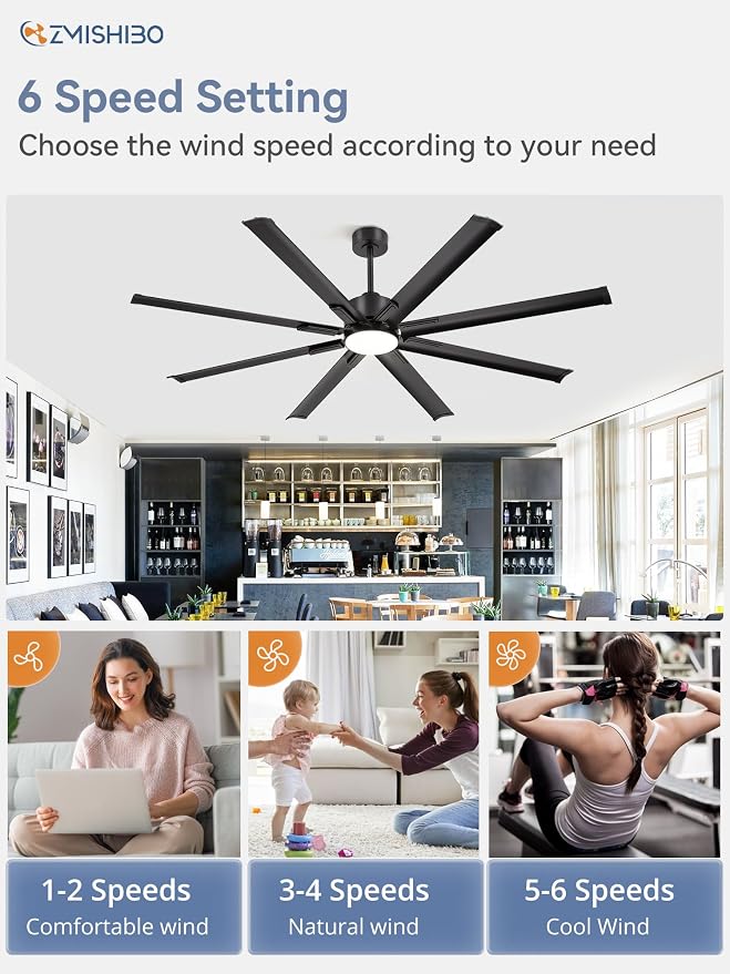ZMISHIBO 72" Large Ceiling Fan with Lights, 8 Aluminum Reverisble Blades, Industrial Ceiling Fans with 3CCT, Quiet DC Motor, 6-Speed Remote, Indoor/Outdoor Ceiling Fans for Patios/Garage/Porch, Black