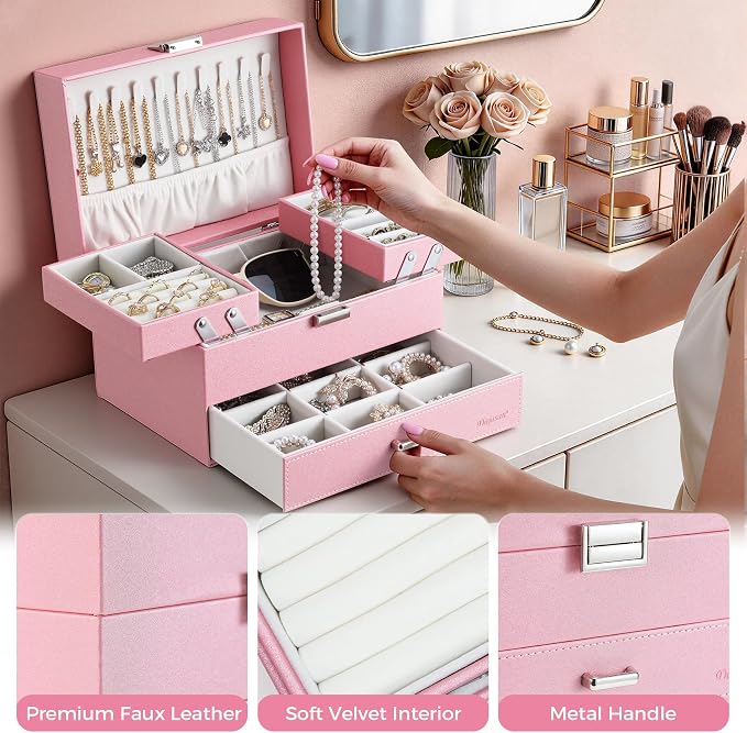Dajasan Jewelry Organizer Box, Large Jewelry Boxes for Women Girls, Space-Saving 3 Layers Jewelry Storage Case with Drawer, Gift Idea, Movable Metal Stand, Modern (Pink)