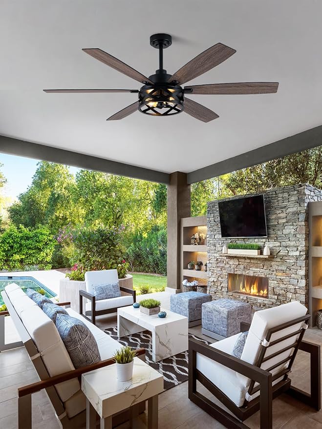 60 Inch Farmhouse Ceiling Fan with Light and Remote Black Rustic Ceiling Fan Quiet and Reversible DC Motor Caged Chandelier Fan for Living Room Bedroom