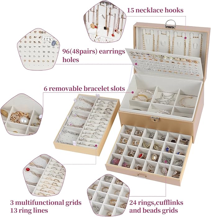 BOOVO Large Jewelry Boxes For Women (Champagne) | 5 Layers Jewelry Organizer Box With Cosmetic Storage Drawer, Necklace Ring Jewelry Organizer Box