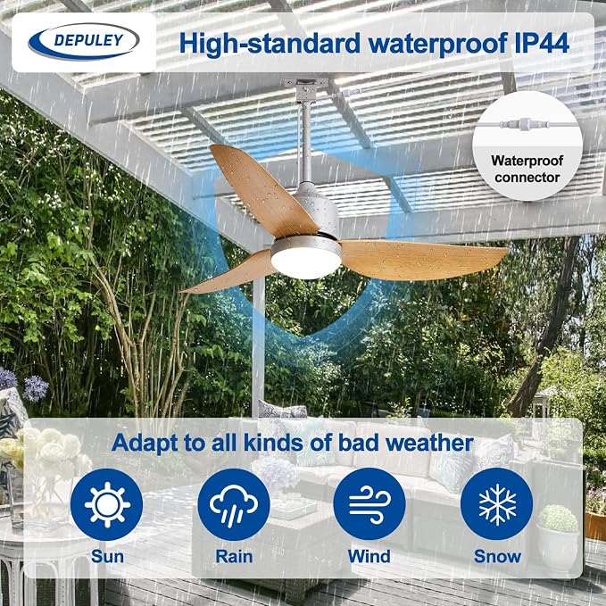 Depuley 42-Inch Ceiling Fans with Lights: Outdoor Waterproof Ceiling Fan for Patios - Plug in Gazebo Fans with Remote Control - Low Profile Outdoor Fan 3 CCT DC Motor for Pergola Porch - Wood Color