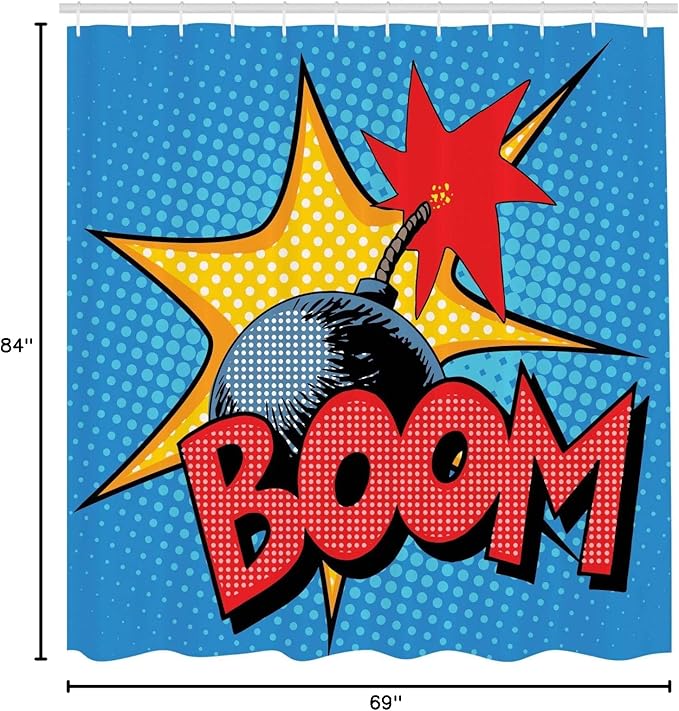Ambesonne Vintage Shower Curtain, Retro Style Design on Dotted Background Comics Pop Art Image Print Retro, Cloth Fabric Bathroom Decor Set with Hooks, 69" W x 84" L, Yellow Blue and Red