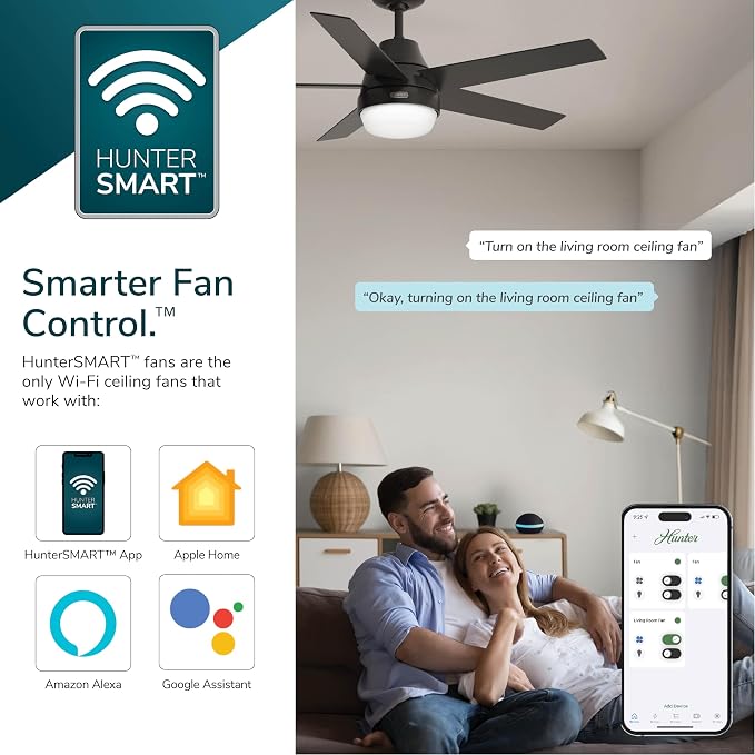 Hunter 52 inch Indoor Ceiling Fan with LED Light and Remote Control - Black Modern Smart Ceiling Fan, Standard Mount, 5 Blades, For Bedroom, Living Room, or Kitchen, Quiet- Aerodyne 51314, Matte Black | with LED Light and Remote Control, Standard Mount...