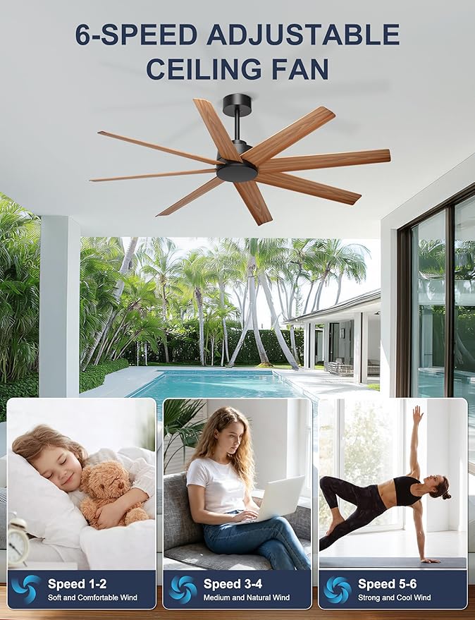 Ohniyou 60" Modern Farmhouse Ceiling Fan No Light for Patio, Porch, Deck | Remote/App Control, Quiet DC Motor, Covered Outdoor Fan with 8 ABS Blades, Black and Wood Color