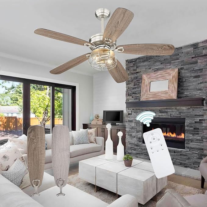 Melkelen Farmhouse Ceiling Fans, 52 Inch Ceiling Fans with Lights and Remote Control, Rustic Barn wood Blades, Industrial Cage Light, Nickel