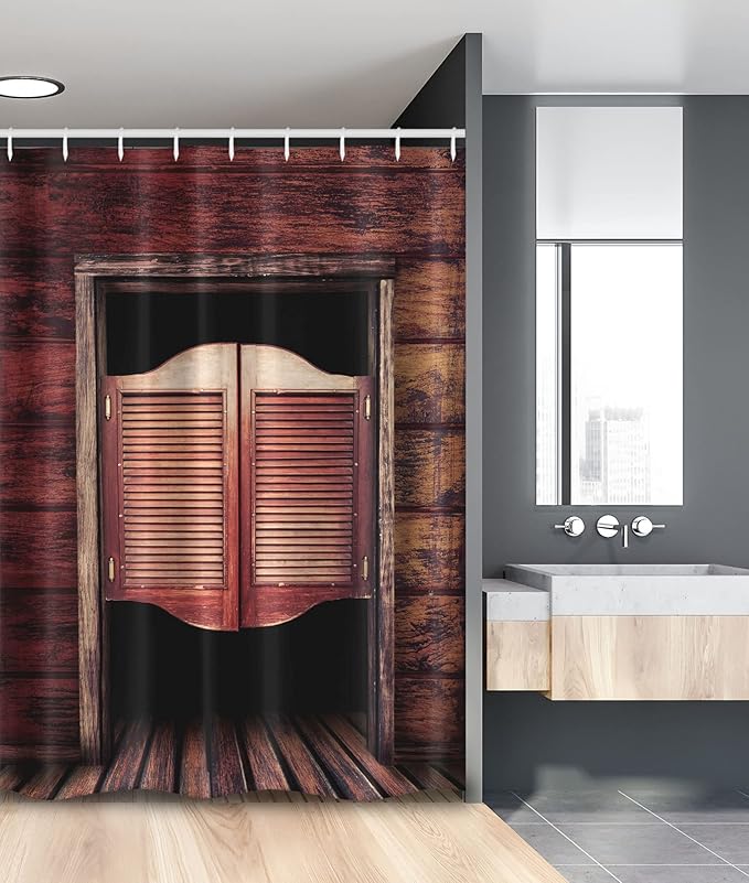 Ambesonne Western Stall Shower Curtain, Old Rustic Wooden Door and Wild West Cowboy Antique Bar Saloon Door Picture, Fabric Bathroom Decor Set with Hooks, 54" W x 78" L, Maroon Brown