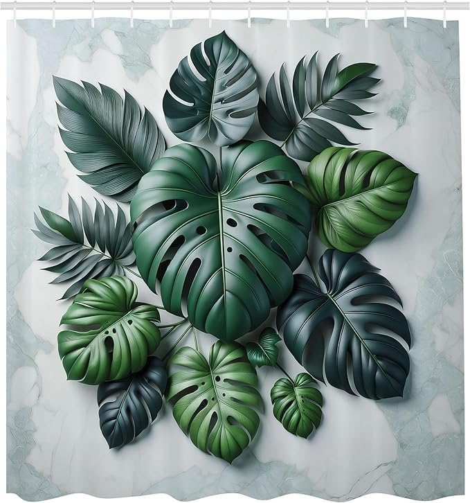 Ambesonne Dark Green Shower Curtain, Tropical Leaves Monstera and Palms on Marble Print Background, Cloth Fabric Bathroom Decor Set with Hooks, 69" W x 84" L, Fern Green and Pale Seafoam