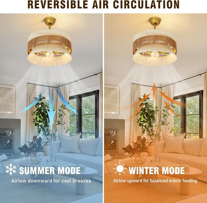 Boho Fandelier Ceiling Fan with Light,Gold Rattan Chandelier Fan Remote Caged Fandelier Ceiling Fan for Bedroom Nursery Foyer Kitchen and Living Room 6 Speeds Timing Adjustment Height Enclosed 20Inch