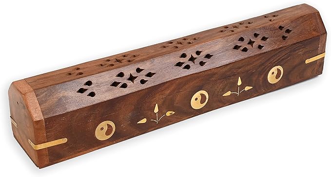 Incense Garden Pack of 2 Incense Stick Holder - Coffin Style - Wood Incense Stick Burner with Ying YANG Inlays (Natural) Handmade with Brass Inlays