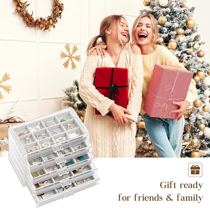 ProCase Earring Holder Organizer Jewelry Box with 5 Drawers, Acrylic Clear Earring Case with Adjustable Velvet Trays for Women - Grey, 5 Layers
